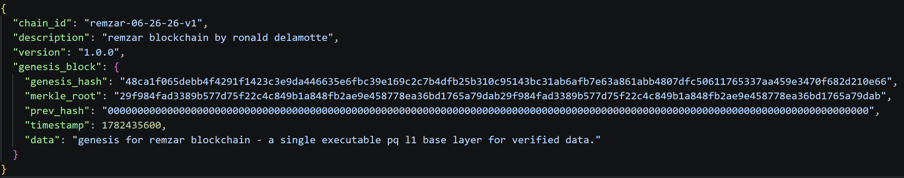 Remzar genesis block JSON snapshot