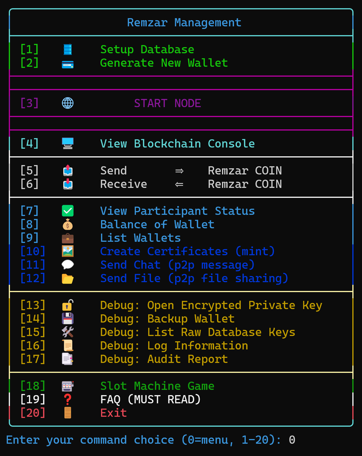 Remzar command-line node menu screenshot