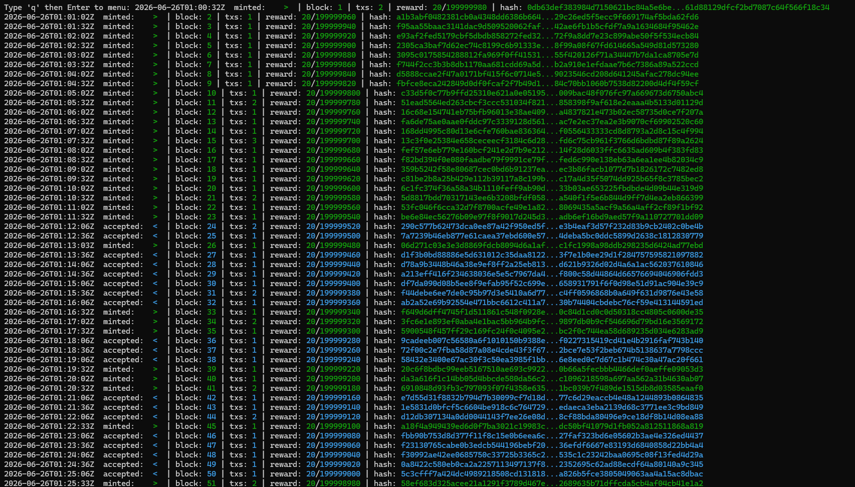 Remzar block verification console showing minted and accepted blocks
